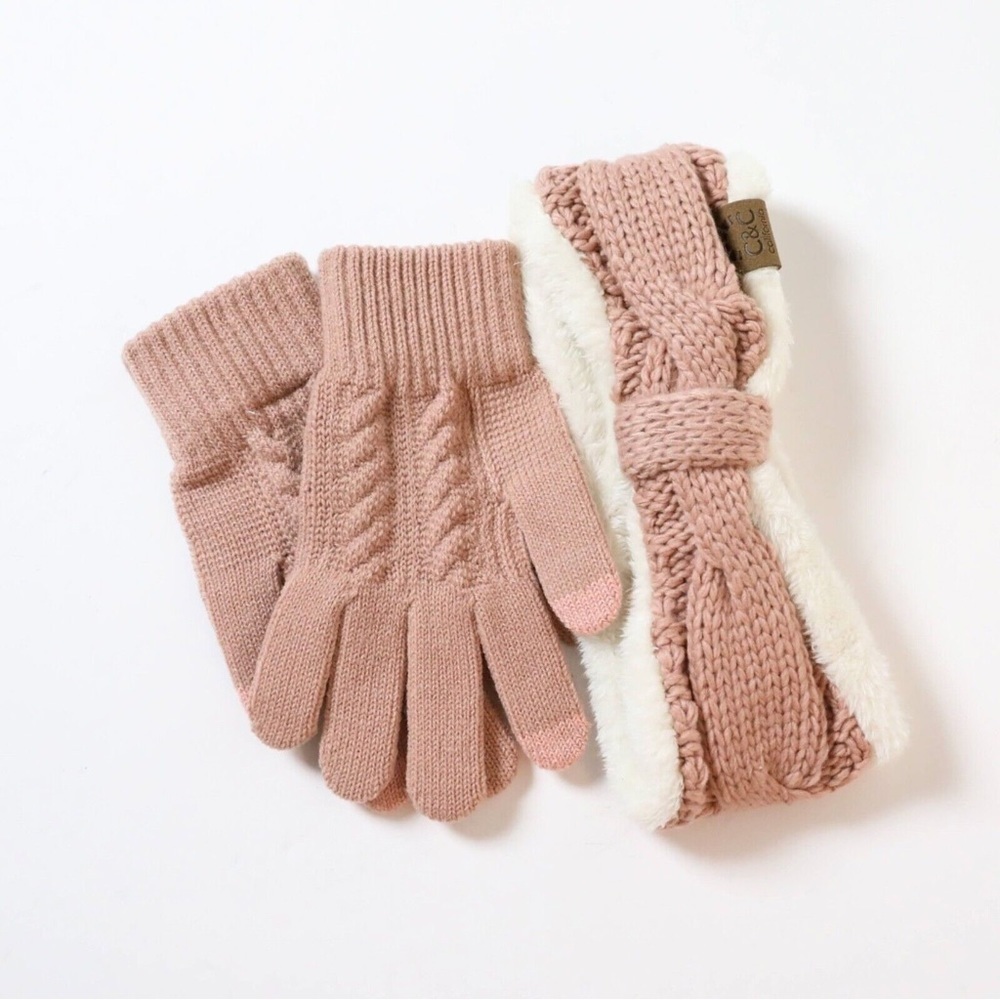 NWOT C&C California set of knit headband and gloves warm line fluffy fuzzy soft